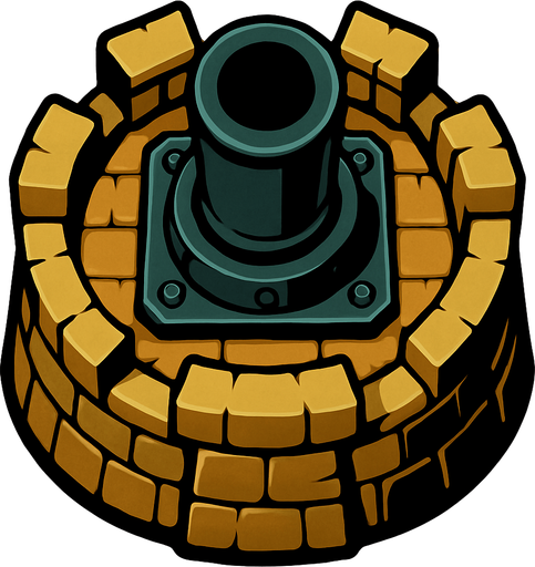 torre con un cañon gigante desde arriba.
In-Game asset.  2d.  High contrast.  No shadows