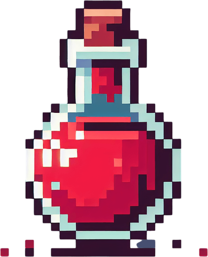 A small red potion. Pixel art..
Single Game Texture.  In-Game asset.  2d.  Blank background.  High contrast.  No shadows