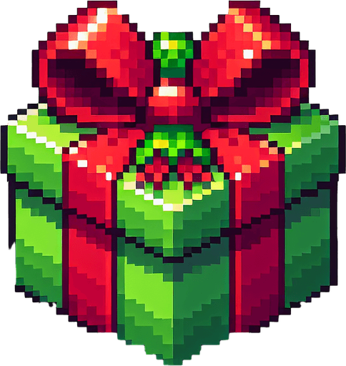 Pixel art of a green christmas present with red ribbons. Single Game Texture. In-Game asset. 2d. Blank background. High contrast. No shadows.