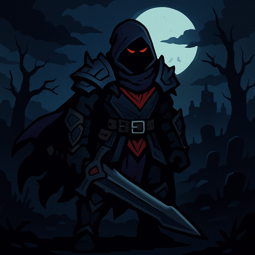 A dark fantasy night 2d a game hero.
In-Game asset.  2d.  High contrast.  No shadows