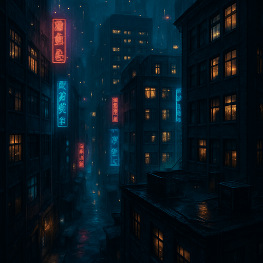 A dark, cyberpunk-style photo background (city, alley, rooftop, etc.)

Neon lighting, ambient flickers, and animated details for atmosphere.Creat more building and more windows could I see..
2d