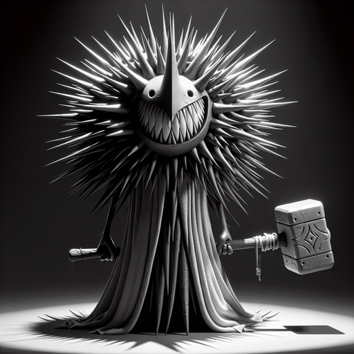 Design a menacing yet comical antagonist for a self-discovery game. The character is a spiky, shadowy creature with exaggerated features, including a wide, toothy frown, sharp ears, and furrowed, judgmental eyes. Its body is round and covered in spines, symbolizing its role as an inner critic or source of resistance. The character wields a massive hammer, emphasizing its destructive tendencies and its aim to obstruct the hero’s progress. It has a dark, moody aesthetic with shades of gray and black, creating an ominous presence. Despite its intimidating look, there’s a hint of over-the-top, cartoonish humor, making it memorable and slightly less threatening. This character embodies doubt, fear, and judgment, constantly challenging the hero while maintaining an entertaining, animated style..
In-Game asset. 3d. Blank background. High contrast. No shadows.