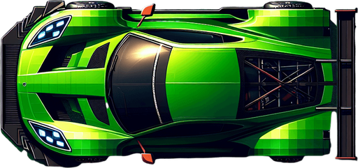 top down view of green color racing car.
Single Game Texture.  In-Game asset.  2d.  Blank background.  High contrast.  No shadows