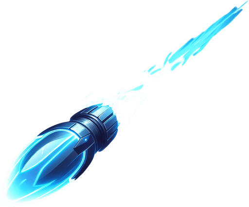 A 2D top-down view of a futuristic energy bullet for a space shooter game. The bullet is a glowing blue plasma projectile with a sleek, elongated shape and a slight energy trail behind it. The design is simple, bright, and high-speed-looking, suitable for fast-paced shooting gameplay.
Single Game Texture.  In-Game asset.  Blank background.  High contrast.  No shadows
