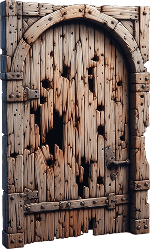 a crooked door with holes in it.
Single Game Texture. In-Game asset. 2d. Blank background. High contrast. No shadows.