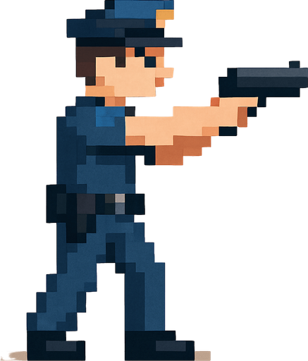 un policia  de cuerpo completo hecho con pixeles con persepectiva lateral apuntando con un arma
I