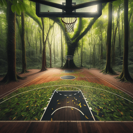 POV basketball court in forest.
Full screen. Background. High detail