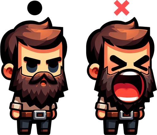 маленький бородатый парень и он же с открытым ртом.
Single Game Texture. In-Game asset. 2d. Blank background. High contrast. No shadows.