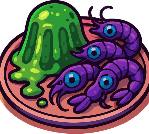 Alien food: Some green, oozing jelly and some purple shrimp with blue Human eyes all on a plate
In-Game asset.  2d.  High contrast.  No shadows.