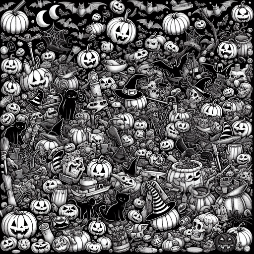 Generate a high quality cartoon background Halloween image on a black canvas similar to the format of where is waldo.
Single Game Texture. In-Game asset. 2d. Blank background. High contrast. No shadows.