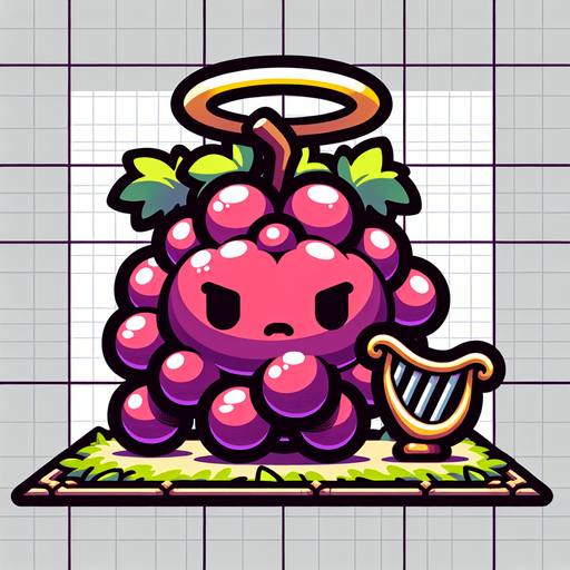 video game cute divine grape bunch Pokémon with an angelic halo above its head and a harp beside it, oversized head occupying most of its body, standing on two tiny chubby feet at the bottom, tiny adorable creature with a cute angry expression, looking straight ahead, facing the camera directly. 2D flat vector illustration.
Single Game Texture. In-Game asset. 2d. Blank background. High contrast. No shadows.