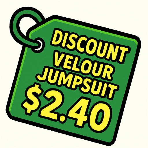 green price tag that says discount velour jumpsuit $2.40.
In-Game asset.  2d.  High contrast.  No shadows