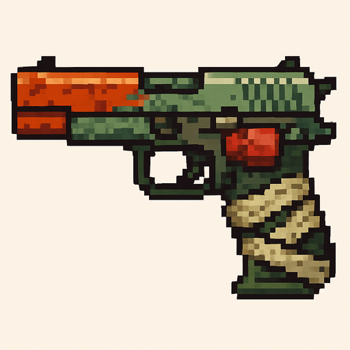 Pistol post apocalyptic world pixel art less pixel.
In-Game asset.  2d.  High contrast.  No shadows