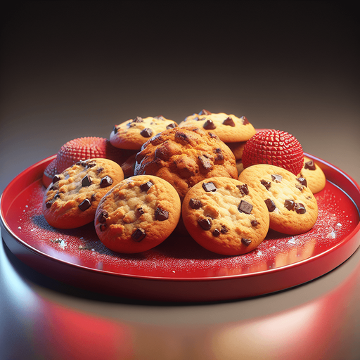 photorealistic red plate of cookies, profile view.