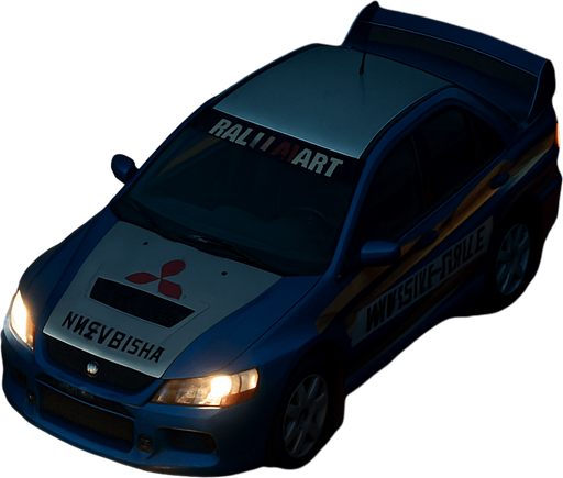 Photorealistic Mitsubishi Lancer Evolution Rallycar in nightlight, drone topview from back and 45 degrees angle in top right corner