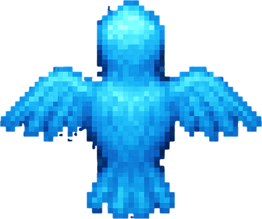 "Top-down 2D pixel art of a bird, viewed from a perfect 90-degree angle directly overhead (true bird’s-eye view), facing away from the viewer (back view). A glowing blue aura. The entire character appears as a semi-transparent blue hologram, glowing slightly with a futuristic shimmer. The lighting is soft and ambient, suitable for a fantasy RPG game. Style is classic 16-bit RPG pixel art, SNES-era quality. Transparent background.".
In-Game asset.  2d.  High contrast.  No shadows