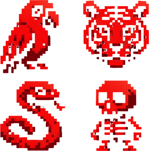 Ekranı 4 e böl ve 4 tane pet 2 d yap pixel biri papağan biri kaplan biri yılan biri de kemikten oluşan gizemli bir pet siyah kırmızı tarzı renkler kullan.
In-Game asset.  2d.  High contrast.  No shadows