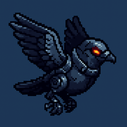 Pixel art of an evil pigeon with robotic parts, red glowing eyes, and tiny armor. Flying pose, side view, 2D pixel sprite for an arcade game.
In-Game asset.  2d.  High contrast.  No shadows
