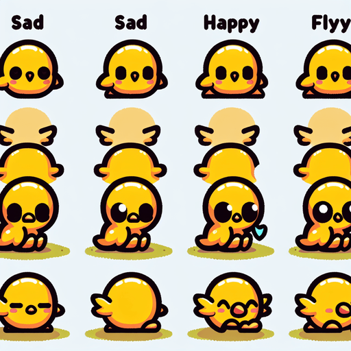 Spritesheet of a little yellow bird, sad and happy, sitting and flying..
Single Game Texture. In-Game asset. 2d. Blank background. High contrast. No shadows.
