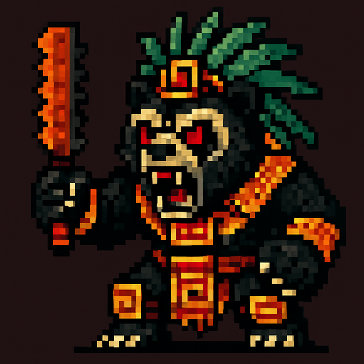 Genérame una Oso de Anteojos guerrero azteca con eso patrones, estilo pixelar, con una apariencia maligna, ojos rojos, rabioso. Unidad cuerpo a cuerpo.
In-Game asset.  2d.  High contrast.  No shadows