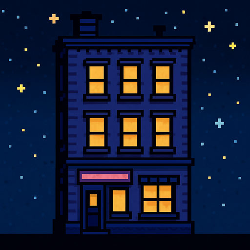 un edificio pixel art por la noche.
In-Game asset.  2d.  High contrast.  No shadows