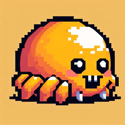 a cute orange-yellow spider, side view, pixel art, fangs, no shadow
Single Game Texture. In-Game asset. 2d. Blank background. High contrast. No shadows.