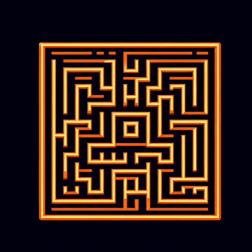 Playable maze with orange lines. at black background..
Single Game Texture. In-Game asset. 2d. Blank background. High contrast. No shadows.