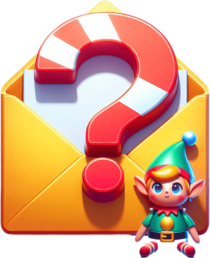 a cartoon envelope with an toy elf on it holding a questionmark.
Single Game Texture. In-Game asset. 2d. Blank background. High contrast. No shadows.