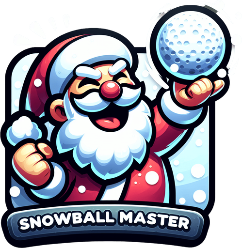 Icon for santa throwing a snowball, cartoon, with the text: „Snowball Master“ at top Single Game Texture. In-Game asset. 2d. Blank background. High contrast. No shadows.