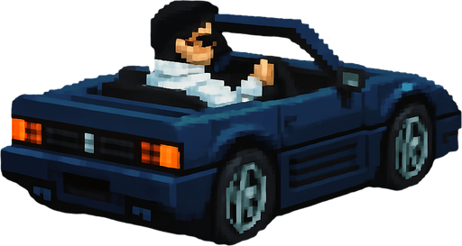 The hair color of the driver is black and he wears a futuristic white jacket. The car is dark blue
