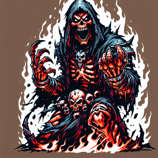 full body angry taunt orc grim reaper style.
Single Game Texture.  In-Game asset.  2d.  Blank background.  High contrast.  No shadows