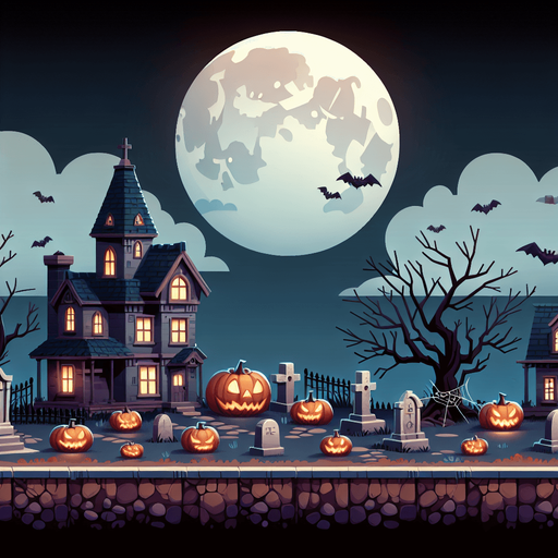 Town of Halloween.
Single Game Texture. In-Game asset. 2d. Blank background. High contrast. No shadows.