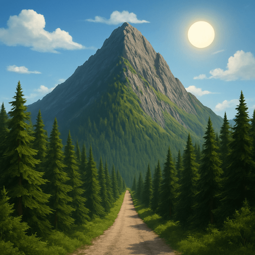 hyper realistic nature too reallistic proffational blue sky white clouds yellow sun an over realistic mountain view with full of trees and sun and clouds view a forest of a mountain challangeing mountain road. No background.cool background. view background. No shadows. 2d. In-Game asset. flat
