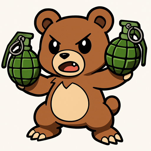 MONSTRINHO URSO PARDO COM GRANADAS NO ESTILO POKÉMON E DIGIMON.
In-Game asset.  2d.  High contrast.  No shadows