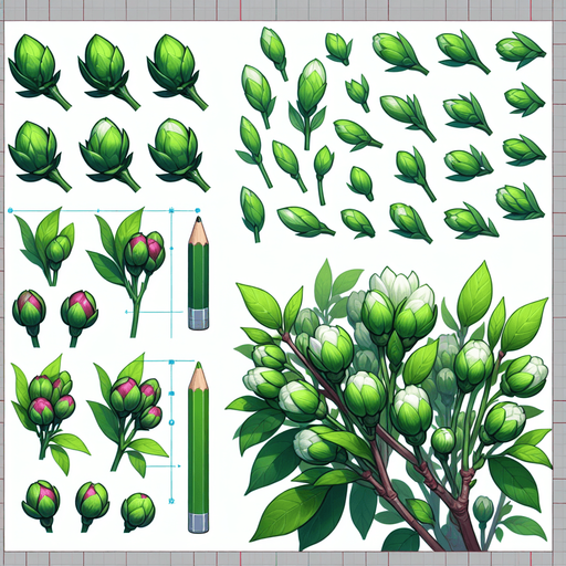 A sprite sheet of flowers with green buds. Overhead view..
Single Game Texture. In-Game asset. 2d. Blank background. High contrast. No shadows.
