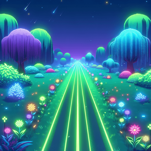 "A straight grassy path with glowing green neon edges, lined with vibrant flowers and futuristic-looking trees on both sides. The background is in a cyberpunk style with soft glowing grass, bioluminescent flowers, and stylized trees with colorful leaves. Bright, clean night setting with a subtle purple-blue sky glow in the distance, suitable for a side-scrolling neon runner game. Stylized, vibrant, 2D art.".
Single Game Texture.  In-Game asset.  2d.  Blank background.  High contrast.  No shadows