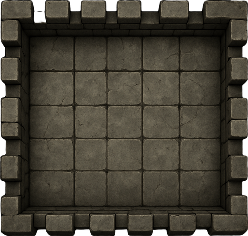 A rectangular stone castle battlement, seen from directly above. In between the walls is a weathered looking 3x5 grid. Rectangle. Not square. Realistic graphics..
In-Game asset.  2d.  High contrast.  No shadows