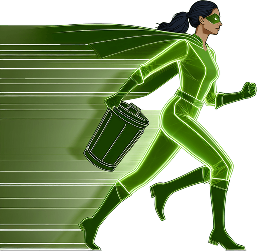full side-view of an garbage collector superhero woman running in neon green suit.
only the woman.
single sprite, blank background.