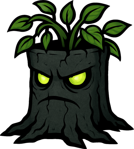 Cuerpo principal: Tiene forma de tronco cortado, de color gris oscuro con textura agrietada, lo que le da un aspecto envejecido o pétreo. La parte inferior tiene bordes irregulares que simulan raíces o madera desgastada.

Ojos: Tiene dos ojos brillantes de color amarillo verdoso, con una expresión amenazante o intimidante. No tiene boca visible.

Parte superior: Le crecen enredaderas verdes con hojas que sobresalen por arriba, dándole un toque vegetal y natural, como si la criatura estuviera conectada a la naturaleza o corrompida por ella.

Estilo general: El diseño es oscuro y misterioso, probablemente representa a un enemigo o criatura poderosa en un juego tipo Plants vs. Zombies..
In-Game asset.  2d.  High contrast.  No shadows
