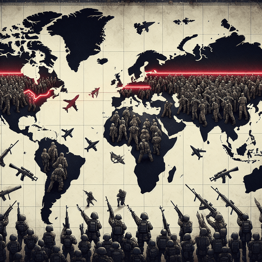A map of a fictional world, divided in the middle by a red dashed line, which is a country border. On each side of the border, a modern army is marched up and pointing weapons at the other side. Style should be detailed illustration..
Single Game Texture. In-Game asset. 2d. Blank background. High contrast.