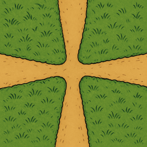A background with grass details, shot from above, and 4  dirt roads towards the middle, merging from right to left, bottom to top in the middle.
In-Game asset.  2d.  High contrast.  No shadows