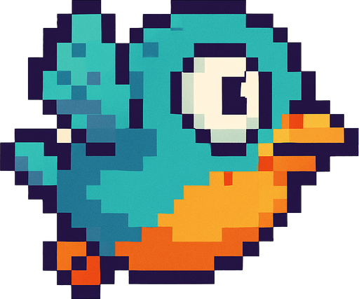 A unique pixel art bird character designed for a 2D side-scrolling game. The bird has a round, compact body and large expressive eyes. Its feathers are colorful, with shades of turquoise and orange, and it has small flapping wings. It has a slightly cartoonish look, with a tiny beak and simple outlines. The bird is seen from the side and appears mid-flight, with its wings lifted. The overall design is cute and distinct from Flappy Bird, but still fits in a retro-style arcade game..
In-Game asset.  2d.  High contrast.  No shadows. pixel art. side view. game character. cute. retro style. colorful