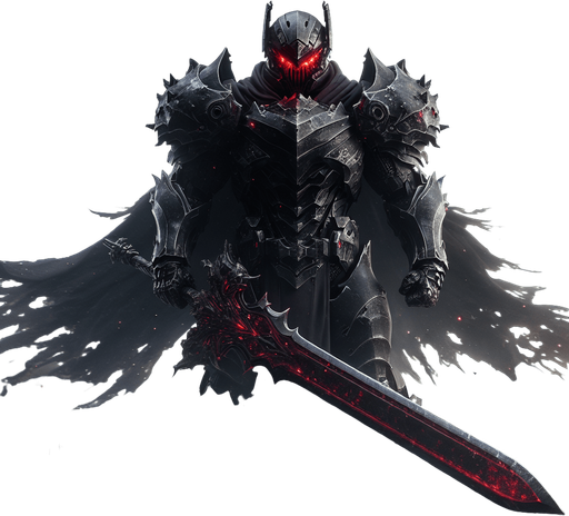 {
 "A dark and intimidating enemy, standing tall in a futuristic battlefield. They wear black, heavy armor, with glowing red eyes visible through a helmet. The background shows a war-torn city, with smoke rising from ruined buildings. The enemy holds a large, menacing sword, ready for battle. Their posture is aggressive, exuding power and malice. The atmosphere is tense, with a sense of impending doom.".
Single Game Texture. In-Game asset. 2d. Blank background. High contrast. No shadows.