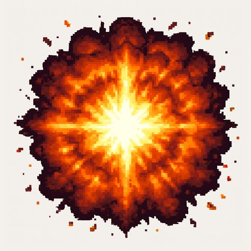 "High-quality 2D pixel art of a large magical explosion. The explosion is circular with a dense, fiery core made of layered orange, yellow, and white flames. Surrounding the core are expanding rings of fire and smoke, forming a symmetrical, radial burst pattern. The edges are rough and scattered with glowing embers and pixelated debris. The style mimics SNES-era fantasy RPG pixel effects, with vibrant colors and dramatic lighting. Transparent background.".
In-Game asset.  2d.  High contrast.  No shadows