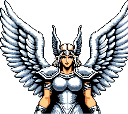 snes female valkyrie white wings spread.
Single Game Texture.  In-Game asset.  2d.  Blank background.  High contrast.  No shadows