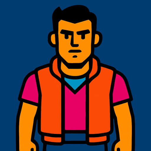 male character facing the screen.
In-Game asset.  2d.  High contrast.  No shadows