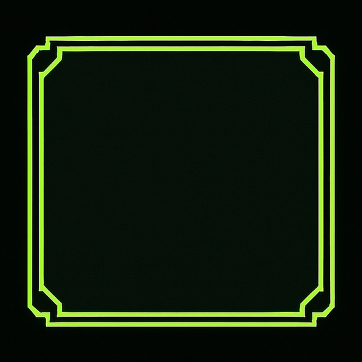 Recuadro de color negro con borde verde claro, que sea semi transparente en un 70% y que sea algo retro, apra menu de videojuego.
In-Game asset.  2d.  High contrast.  No shadows