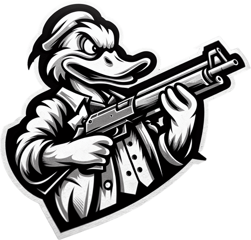 Duck with a gun title logo.
Single Game Texture. In-Game asset. 2d. Blank background. High contrast. No shadows.