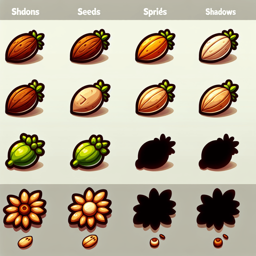 A sprite sheet of seeds. Cartoon..
Single Game Texture. In-Game asset. 2d. Blank background. High contrast. No shadows.