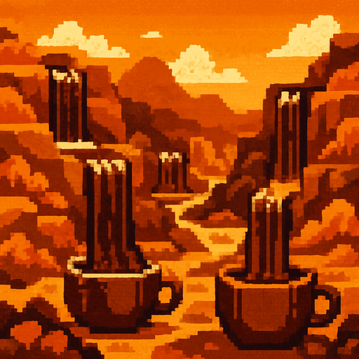 paisage con cascadas de cafe de pixeles.
In-Game asset.  2d.  High contrast.  No shadows